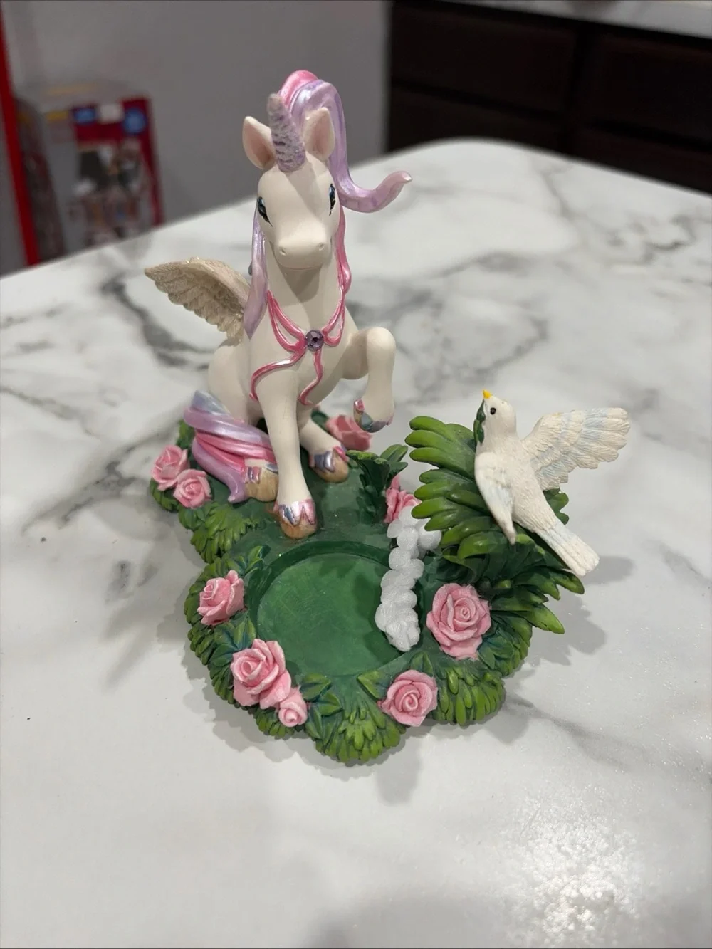 Pink & White Unicorn Cake Topper with Rose Garden
